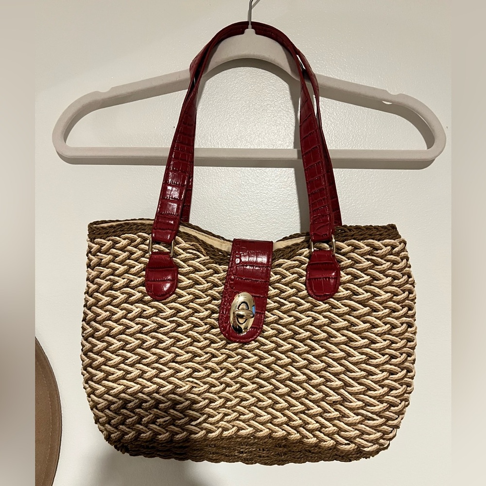Elegant Woven Tote Bag with Red Accents